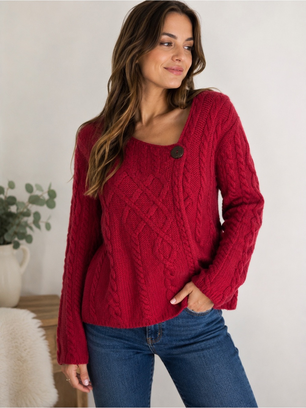 Aran Isles Knitwear Merino Wool Cable Knit Sweater Red Ireland M Vintage